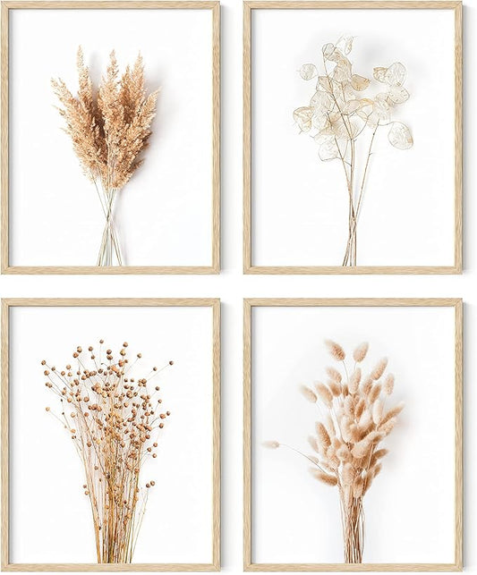 HAUS AND HUES Flower Wall Decor - Set of 4 Floral Wall Art, Flower Wall Art, Floral Pictures Wall Decor (Beige Frame, 11x14)