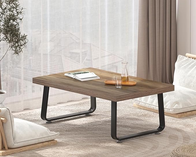 HSH Farmhouse Modern Simple Oak Center Table - Industrial Minimalist Rectangle Living Room Coffee Table, Wood and Metal, Rustic Oak, 39 in