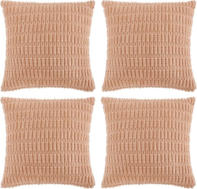 Fancy Homi 4 Packs Peach Decorative Throw Pillow Covers 20x20 Inch for Living Room Couch Bed Sofa, Modern Farmhouse Boho Home Decor, Soft Plush Corduroy Square Cute Accent Cushion Case 50x50 cm