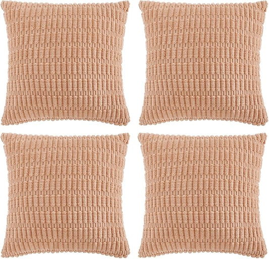 Fancy Homi 4 Packs Peach Decorative Throw Pillow Covers 16x16 Inch for Living Room Couch Bed, Rustic Modern Farmhouse Boho Home Decor, Soft Plush Corduroy Cute Square Accent Cushion Case 40x40 cm