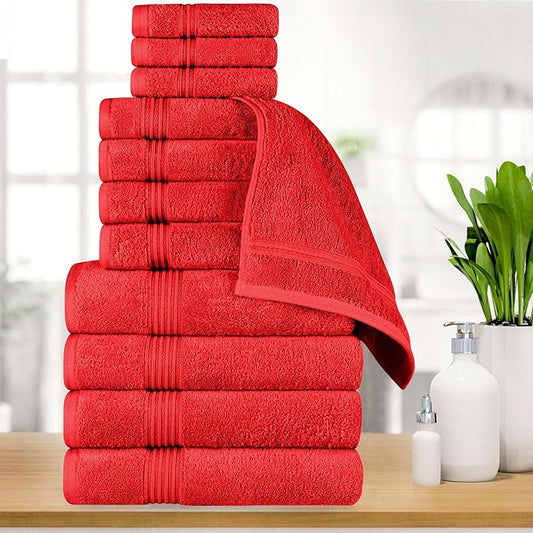 Superior Egyptian Cotton 12-Piece Towel Set, Assorted Towels for Home Bathroom, Master, Guest Bath, Decor Essentials, Includes 4 Bath, 4 Hand, 4 Face Towels/Washcloths, Quick Dry, Absorbent, Red
