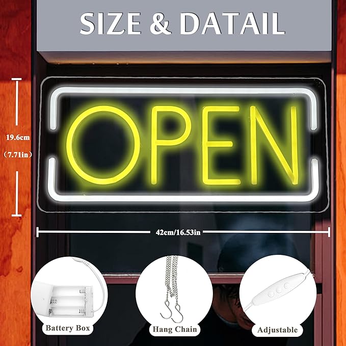 Open Neon Signs Battery Operated, Usb Powered Open Signs for Wall Decor, Adjustable Brightness Display Sign for Window Store Club Hotel Bar Shop Coffee Salon Hotel Walls(16.5 * 7.7in)