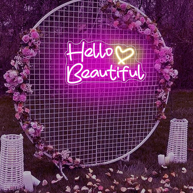 Hello Beautiful Neon Signs, Led Neon Light for Wall Decor for Bachelorette Party Birthday Engagement Party Wedding Decoration with Switch 16 x 8.9''(Pink + Warm White Heart)