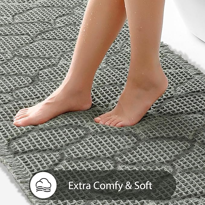 Upgraded Green Waffle Bathroom Runner Rugs, Super Absorbent Non Slip Bath Mats for Bathroom Floor, Extra Long Soft Bath Rugs with Tassels for Hallway Laundry Room, Machine Washable, 24" x 72"