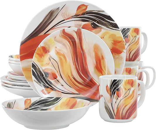 Elama Tulip Fields 16 Piece Abstract Floral Round Porcelain Dinnerware Set, Tableware Set, Serveware Set (Tulip Fields)