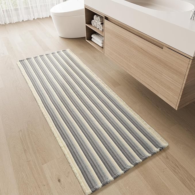 Striped Bath Mat Runner Rug, Super Absorbent Non Slip Bathroom Runner Rug 3D Woven Gradient Washable Runners for Hallways Entryway Bedroom Laundry Room Kitchen Sink, 2' x 6'