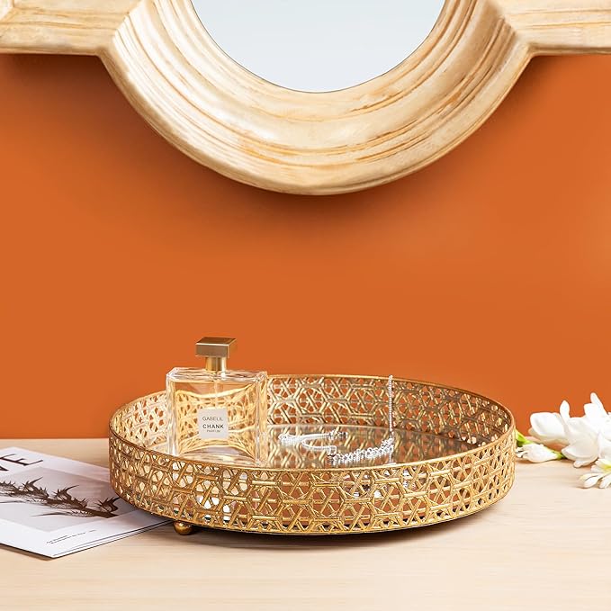 Glitzhome Set of 2 Oversized Round Gold Mirror Decorative Trays, Metal Vanity Jewelry Tray Perfume Dresser Tray, Elegant Hollow-Carved Jewelry Organizer Makeup Trays