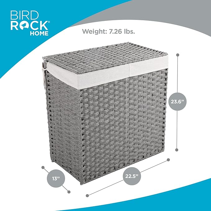 BIRDROCK HOME Laundry Hamper with Lid - Hand Woven PE Rattan Divided Sorter with Removable Liner Bags - Large Collapsible & Foldable Bin Clothes Basket Organizer for Bedroom & Bathroom - Double, Grey