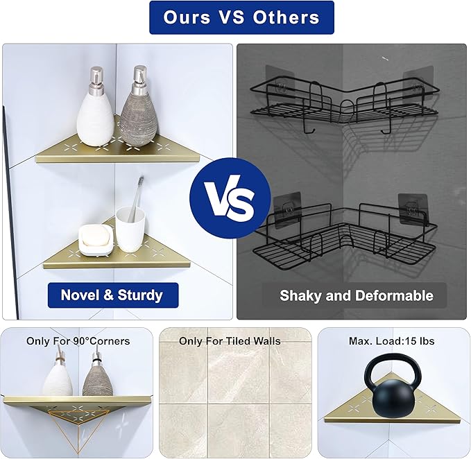 10" Corner Shower Shelf, 2-Pack Shower Shelves SUS304 Stainless Steel Bathroom Shelves for Tile Walls, Recessed Corner Shelf Organizer Rack, No Drilling (Brushed Gold)