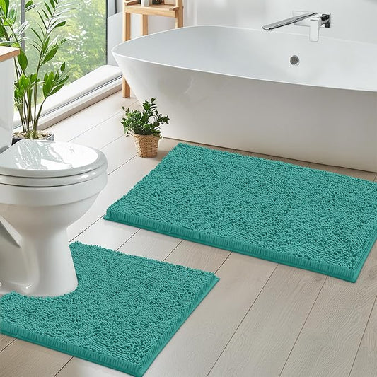 LuxUrux Bathroom Rugs Sets 2 Piece: Quick Dry, Soft Plush Anti-Slip, Super Absorbent. Includes Rectangular (31x20 inches) & U-Shaped Toilet Mat (20x20 inches) | Turquoise