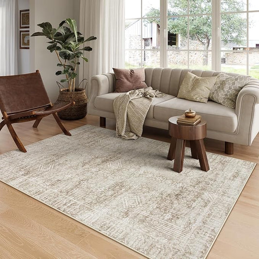 Lahome Beige Neutral Rugs for Living Room 5x7, Machine Washable Farmhouse Rug for Bedroom, Boho Soft Warm Carpet for Dining Room Playroom Nursery Home Office