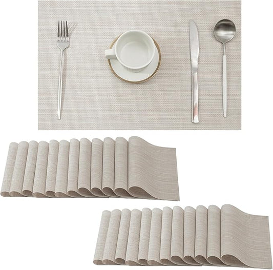 Leetaltree Beige White Placemats Set of 24 - Heat Resistant Non-Slip Place mats for Dining Table, Washable Durable PVC Vinyl Woven Table Mats（Beige White, 24）
