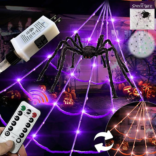 8 Modes 20 * 17FT Halloween Light Up Spider Web 250 Led Purple & Orange Lights Operated with 6.5Ft Giant Spider 200sqft Cobweb 20 Small Spiders for Indoor and Outdoor Decor Yard Decoration