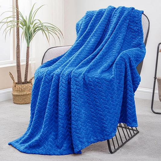 Exclusivo Mezcla Cobalt Blue Fleece Throw Blanket for Couch and Bed, 50x70 Inches Soft Cozy Jacquard Flannel Blankets, Lightweight Fuzzy Plush Warm Throws for All Seasons
