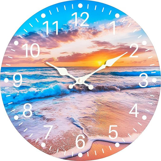 Sea Beach Blue Sky Sand 10 Inch Wooden Wall Clock - Silent Non-Ticking Battery Operated Decorative Clock for Kitchen, Home, Bedroom, and Office