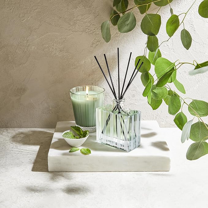 NEST New York Reed Diffuser, Wild Mint & Eucalyptus - 5.9 fl oz - Fragrance for Up to 90 Days - Reusable, Refillable Glass Holder - Includes 8 All-Natural Reed Sticks - Flame Free