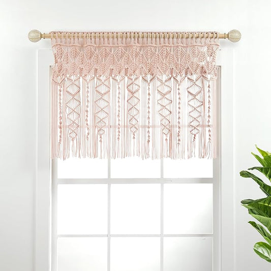 Lush Decor Boho Macrame Textured Cotton Valance, 40" W x 30" L, Blush - Boho Kitchen Curtains & Wall Decor - Macrame Valance - Bathroom Window Curtains