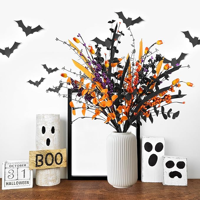 Sggvecsy 6 Pcs Artificial Halloween Stem with Berries Teeth Black Orange Leaves Faux Picks Decorative Twigs for Flower Arrangemant Table Centerpiece Halloween DIY Crafts Festival Home Decoration