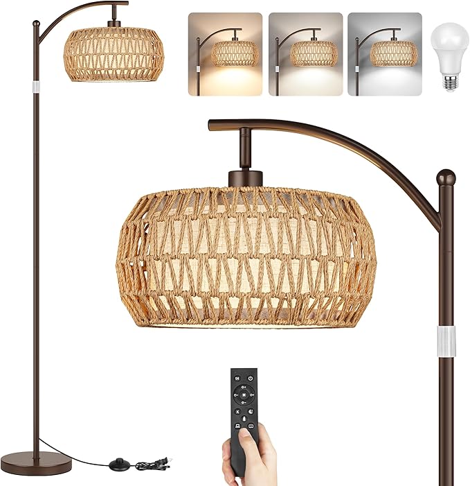 ROTTOGOON Boho Floor Lamp with Dimmable Bulb, Rattan &Linen Double Shades, Boho Standing Tall Lamps with Foot Switch, Brown Bohemian Floor Lamps for Living Room, Bedroom, Office