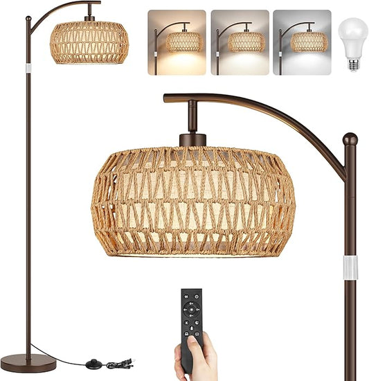 ROTTOGOON Boho Floor Lamp with Dimmable Bulb, Rattan &Linen Double Shades, Boho Standing Tall Lamps with Foot Switch, Brown Bohemian Floor Lamps for Living Room, Bedroom, Office