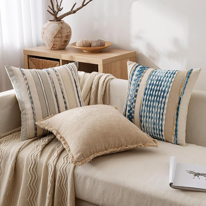 ANRODUO Pack of 2 Boho Decorative Throw Pillow Covers 18x18 Farmhouse Cushion Case Striped Chenille Pillow Cases Coastal Throw Pillows Accent Neutral Pillowcase for Sofa Couch Bed, Sky Blue Stripe