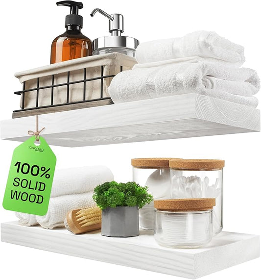 BAOBAB WORKSHOP Wood Floating Shelves for Wall White - Bathroom Floating Shelves White - Small Wall Mounted Shelf White for Bedroom Kitchen Living Room - 16D x 6.7W Inch, Set of 2