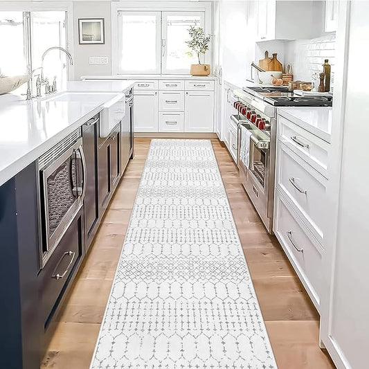 Lahome Moroccan Kitchen Runner Rugs Non Skid Washable - 2x10 Non-Slip Extra Long Rug Runner for Hallways, Modern Geometric Print White Soft Floor Carpet for Bathroom Entryway Foyer