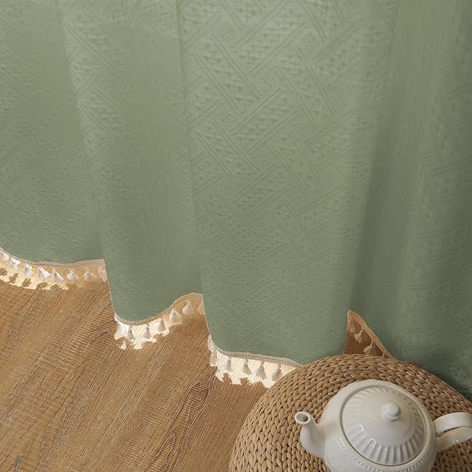 Joydeco Sage Green Boho Curtains 96 Inches Long 2 Panels, Super Soft Bohemian Farmhouse Curtains with Tassels, Semi Sheer Light Filtering Drapes for Bedroom Living Room (Rod Pocket, 52Wx96L)