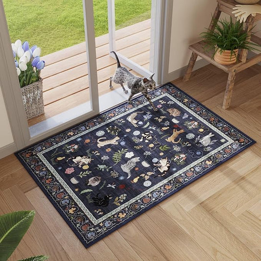 Door Mat Indoor Entrance 2x3 Rug Machine Washable Boho Floral Animal Cat Small Area Rug Non-Slip Low Pile Throw Rugs for Entryway Kitchen Front Door Entry Kids Room, Cobalt Blue