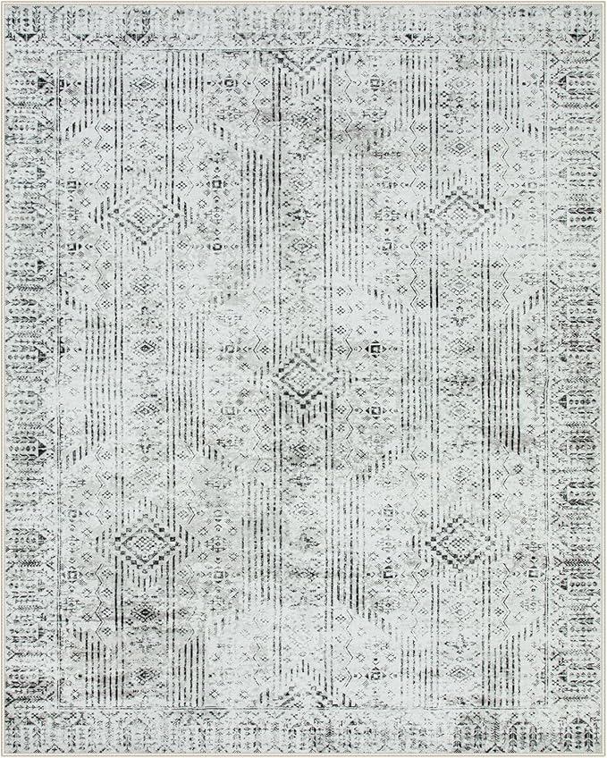 Lahome Farmhouse Washable Rug 8x10, Gray and Beige Dining Room Rugs for Under Table, Diamond Stain Resistant Large Carpets for Bedroom Office Living Room