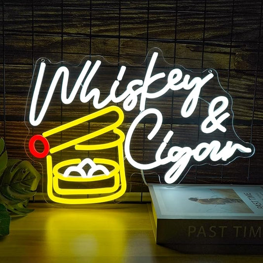 Whiskey and Cigar Neon Sign Dimable Large Whiskey Neon Signs for Wall Decor Bar Neon Signs for Man Cave Home Bar Lounge Bedroom Ideal Party Decor and Birthday Gift(16.2×11.1inch)
