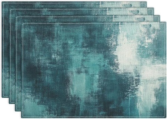 Emvency Farmhouse Placemats Set of 4, Abstract Teal and White Vintage Art Painting 12x18 Inch Table Mats for Outdoor Home Party Kitchen Dining Decoration