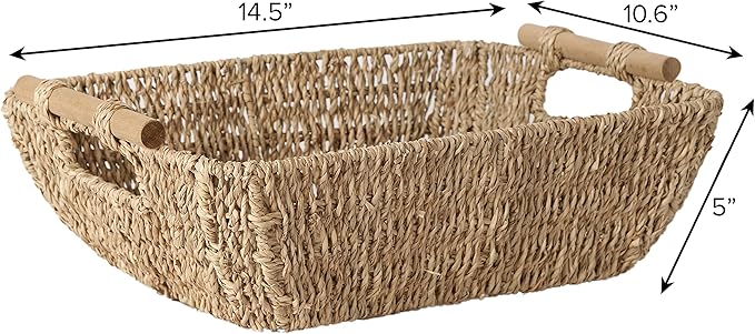 Artera Shallow Wicker Storage Basket - Medium Woven Seagrass Baskets with Wooden Handles for Bathroom, Kitchen Pantry Organizing, Perfect as Drawers, 15" x 10.6" x 5,3" (1, M)
