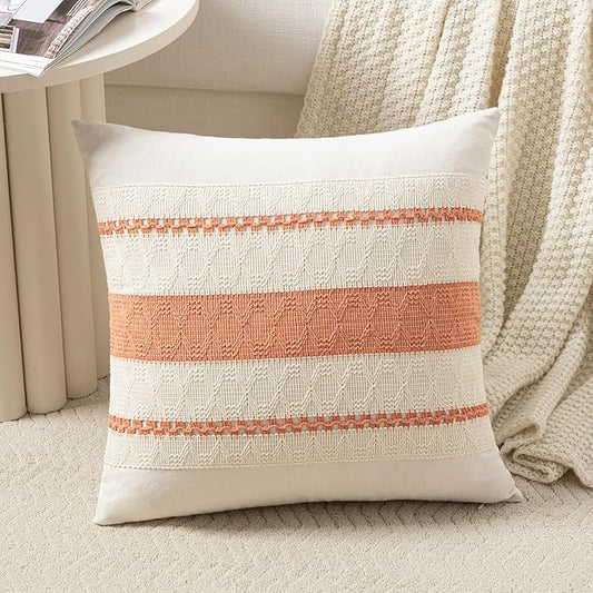 Fancy Homi Set of 1 Boho Coral Decorative Throw Pillow Cover 22x22 Inch for Couch Bed Sofa, Aesthetic Modern Organic Farmhouse Home Decor, Soft Cotton Cute Accent Macrame Woven Cushion Case