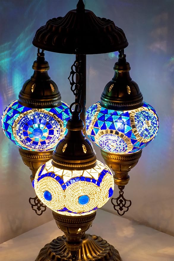 mozaist 3 Light Moroccan Mosaic Table Lamp, Stained Glass Boho Style Turkish Desk Lamp, Farmhouse Antique Living Room, Office Decorative Vintage Lighting with US Plug & E12 Socket (Blue & White)