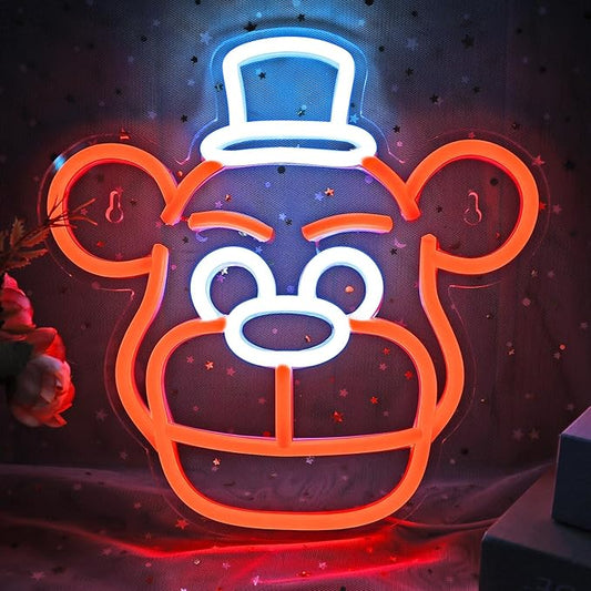 Cute Five Nights Bear Neon Sign, Anime Neon Light for Wall Decor Bedroom, Children's Room, Birthday, Festival Decorations, USB Powered Orange Color White, 11.8inch x 11.8 inch