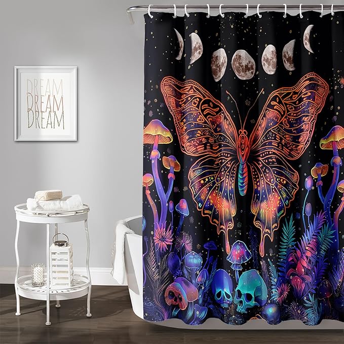 AILONEN Colorful Butterfly Shower Curtain,Magic Mushroom Waterproof Fabric Bath Curtain for Kids Girls,Boho Sun and Moon Skull Shower Curtain Set for Bathroom 48" W*72" H