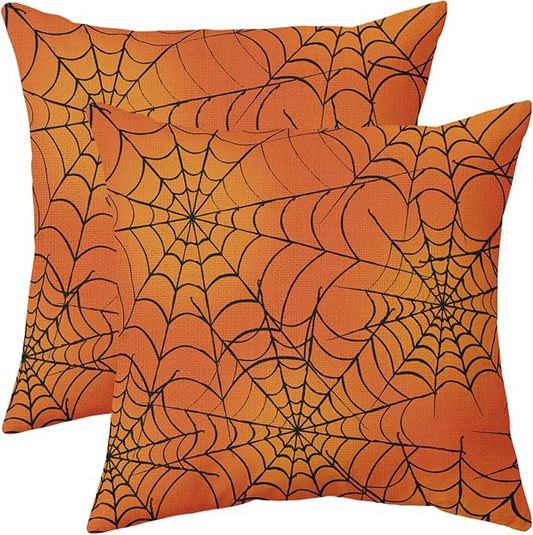 Halloween Spiderweb Pillow Covers 16x16 Set of 2 Orange Black Spider Web Outdoor Decorative Throw Pillows Halloween Scary Themed Farmhouse Pillowcases Linen Cushion Case Decor for Home Sofa Couch Bed