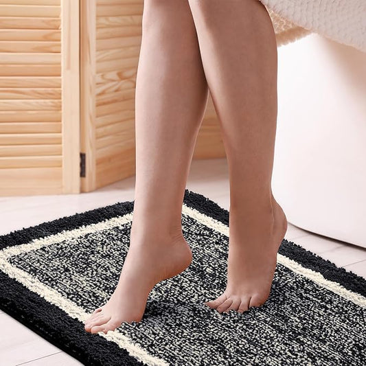 CozeCube Bath mats for Bathroom Non Slip, Fluffy Shaggy Bath Rugs for Bathroom Washable, Extra Soft and Absorbent Microfiber Bath Rugs for Shower Sink, Kitchen Sink, Jet Black, 32" x 20"