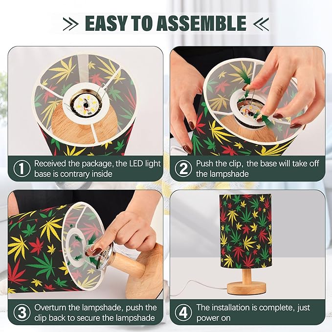 Table Lamp Colorful Marijuana Cannabis Hemp Leaf Red Yellow Green Color Print Nightstand Lamp with Wood Base Fabric Lamp Shade Bedside Desk Lamp for Living Room Bedroom Kids Room Office