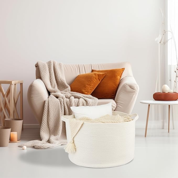 Large Cotton Rope Basket Blankets Basket Living Room 22"x14" Toy Basket for Kids and Dogs Rope Storage Basket for Nursery Woven Laundry Basket for Clothes Towels Baby Toy Storage round white