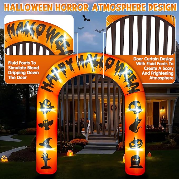 Halloween Arch Inflatables, 8.5ft Pumpkin Archway Outdoor, Blow Up Archway Decoration with Built-in LEDs, Printing with Happy Halloween & Witch Hat Pumpkin&Skull&Cat&Hand, Bats for Yard