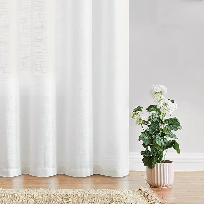 FMFUNCTEX Sliding Door Curtains White Linen Textured Sheer Curtains 84" Living Room 100" Width Extra Wide Patio Glass Door Panel Room Divider Drapes Large Semi Sheer Window Panels Rod Pocket 1 Panel