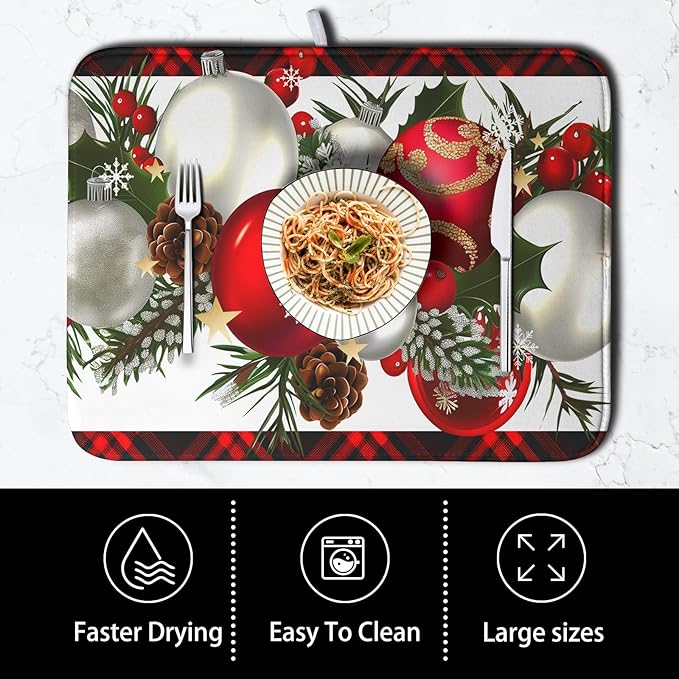 Red Buffalo Plaid Christmas Kitchen Drying Mats for Dishes Xmas Ball Snowflake Pine Cones Dish Drainer Rack Mat Winter Microfibe Absorbent Dish Drying Pad for Home Kitchen Counter Decor 18x24in