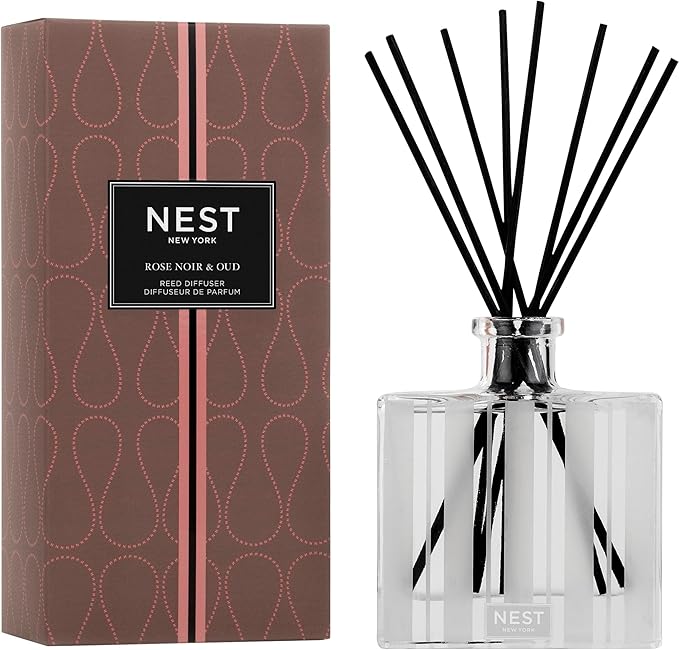 NEST New York Reed Diffuser, Rose Noir & Oud - 5.9 fl oz - Fragrance for Up to 90 Days - Reusable, Refillable Glass Holder - Includes 8 All-Natural Reed Sticks - Flame Free