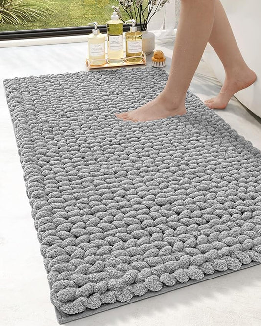 DEXI Bathroom Rugs 24x43, Non Slip Washable Bath Mat, Luxury Chenille Super Absorbent Thick Bathmats for Shower Floor, Plush Fluffy Shaggy Carpet for Tub, Light Grey