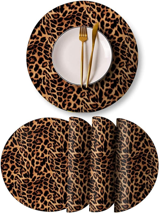 Round Leather Placemats Set of 4 PU Waterproof Non-Slip Washable Heat Resistant Place Mat for Kitchen Dining Table - Leopard