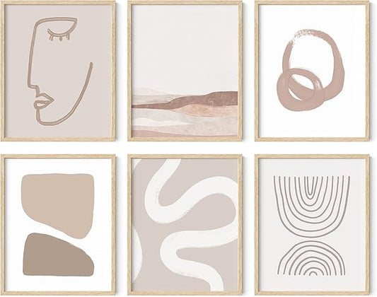 HAUS AND HUES Framed Beige Boho Art Wall Decor - Set of 6 Neutral Mid Century Modern Wall Art, Minimalist Wall Art, Neutral Wall Decor, Beige Boho Posters for Room Aesthetic (Framed Beige 8x10)
