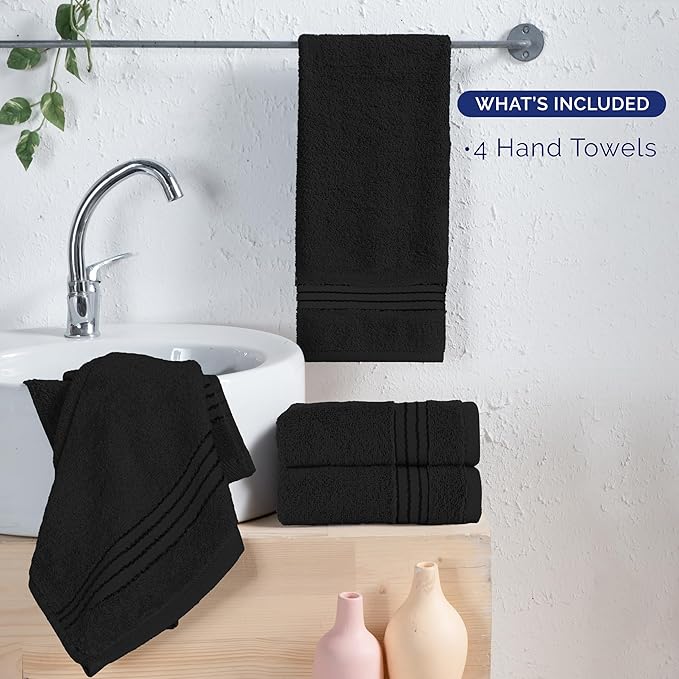 Elegant Comfort Premium Turkish Cotton 4 Pack Hand Towel Set - 16 x 28 inch, Luxurious Hotel Spa Quality 100% Turkish Cotton 4PC Hand Towel Set - Highly Absorbent - Soft Bathroom Towels, Black
