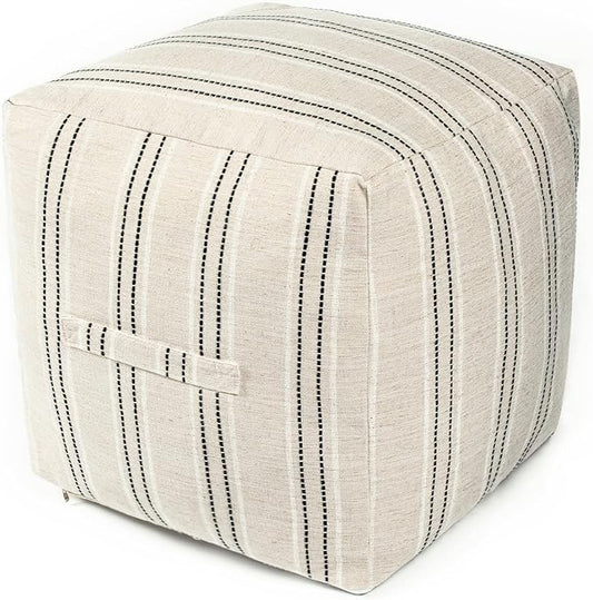 AELS Unstuffed Farmhouse Pouf Cover for Living Room, Boho Storage Bean Bag Cubes, Beige with Black Stitch Yarn Dyed Stripe Linen Square Ottoman Pouf Foot Rest Footstool, 18"x18"x18", Cover ONLY